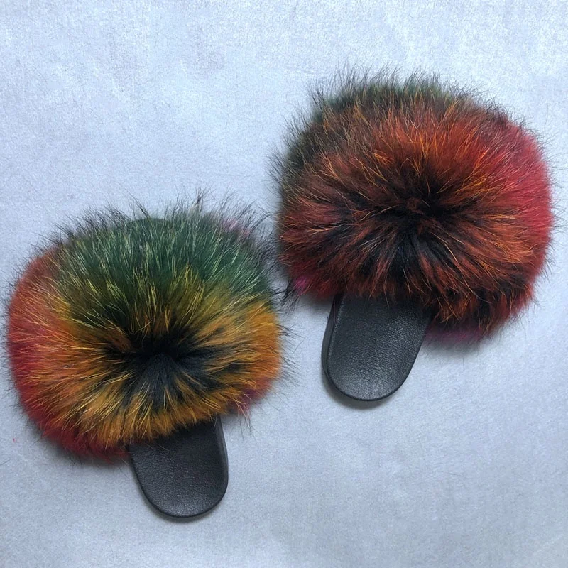 

Full Cover Fur Women Summer Casual Slippers Women Flat Non-slip Raccoon Fur Slides Real Fox Hair Fur Slippers Slides, As picture show or customized