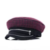 Custom lady and woman wool blended checked fabric fashion style zip fastener army military hats and caps with fix circumference