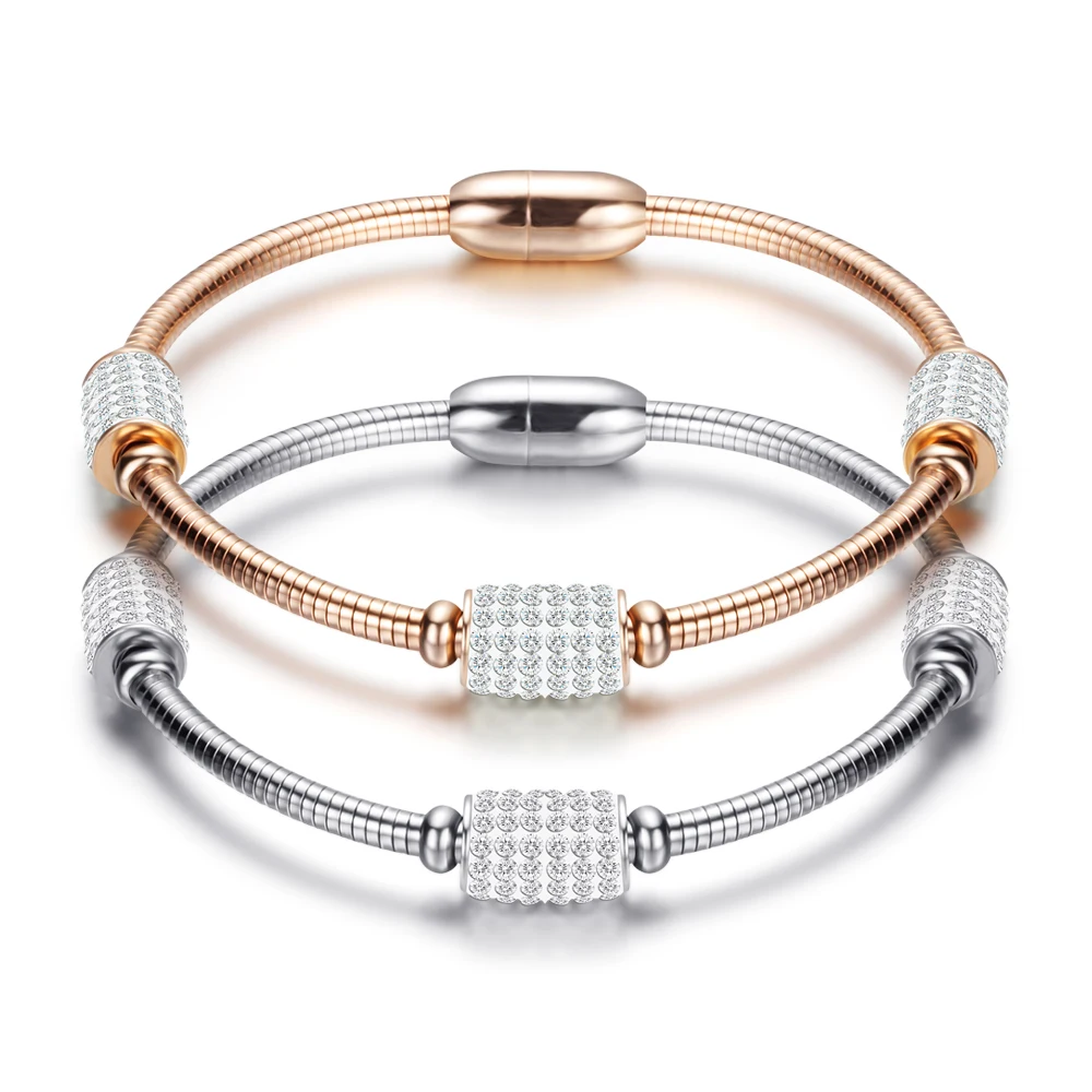 

Top Quality Stainless Steel Silver And Rose Gold Snake Chain Women Crystal Bead Bracelet Bangle