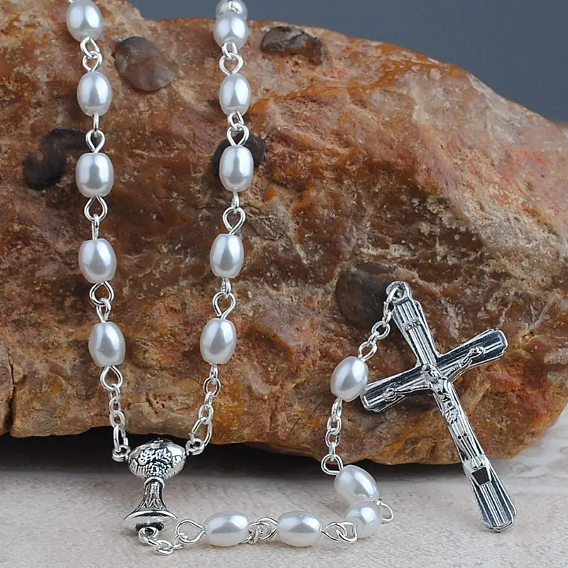 

6*8mm Oval Glass Imitate Pearl Beads First Communion Rosary with Chalice Center piece and Anti-Silver Cross, Cream-coloured
