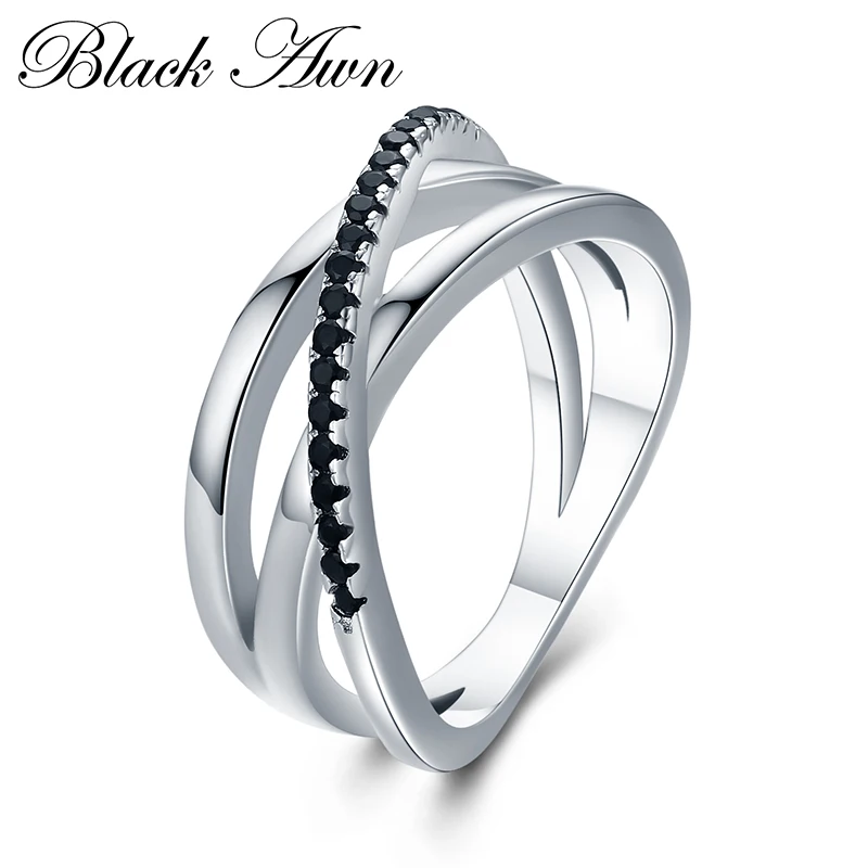 

[BLACK AWN] Vintage 3.9g 925 Sterling Silver Fine Jewelry Bague Row Black Spinel Wedding Rings for Women G006
