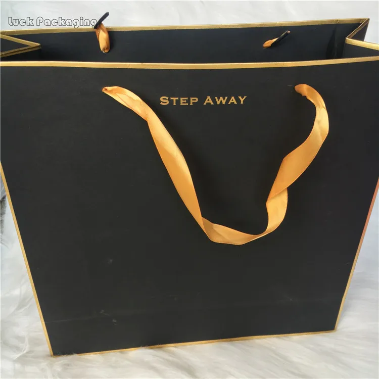 Gold Stamping Logo Luxury Glossy Black Paper Bags With Ribbon Handles Ping Bag Your Own Gift Gold Stamping Logo Luxury Glossy Black Paper Bags With Ribbon Handles Ping Bag Your Own Gift