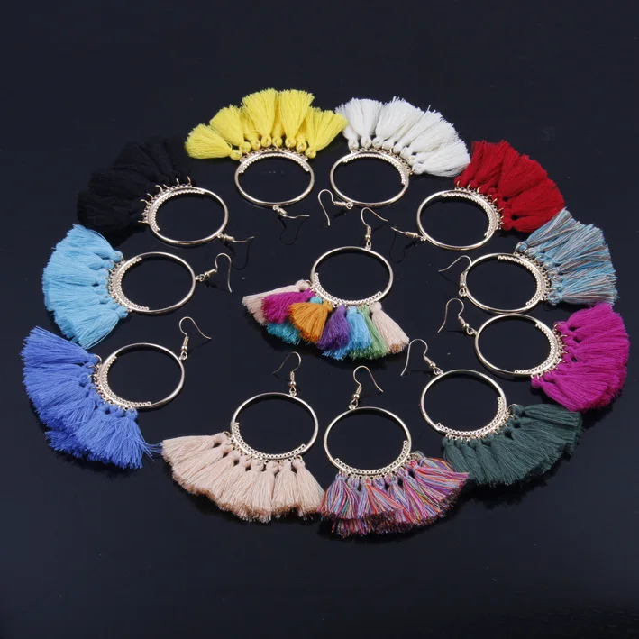 

16 Colors In Stock Fashion Ladies Handmade Round Circle Earrings Bohemian Drop Statement Tassel Earrings