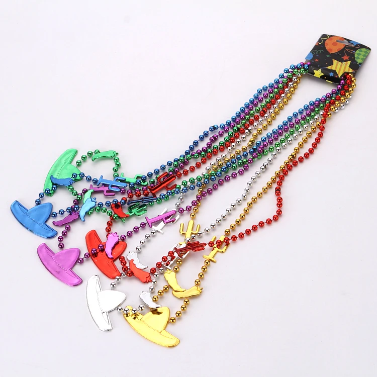 

2019New Arrivals Mardi Gras Party Favor, Fashion Bead Necklace , Colorful Statement Necklace with cowboy Hat shaped Pendant, Colorful and customized