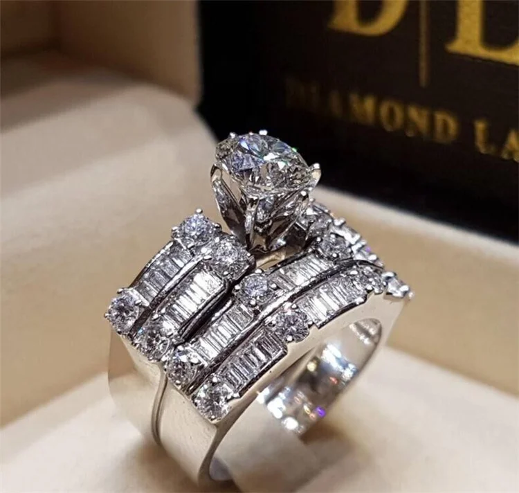 

Crystal Female Big Stone Ring Set Boho Fashion Queen Silver Color Bridal Engagement Rings For Women Promise Love Finger Ring