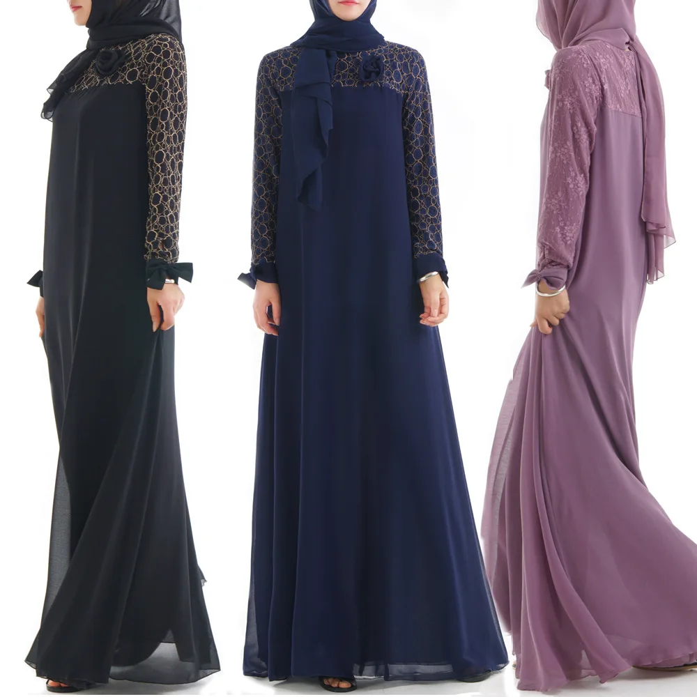 

New Muslim women' lace chiffon stitching dress muslim abaya, 3 colors