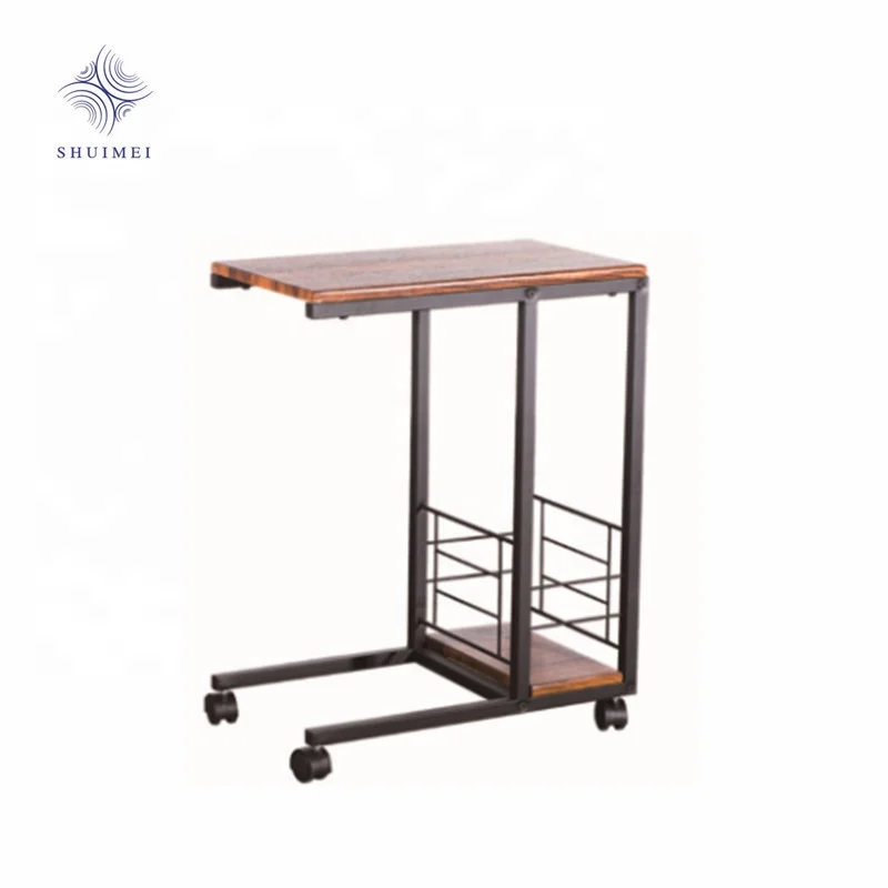 
Sofa Side Table W/angle adjustable Castor, Wooden Top Metal Base for Living Room 