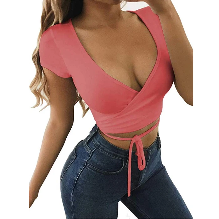 women's deep v neck long sleeve bandage cross wrap tie up crop top