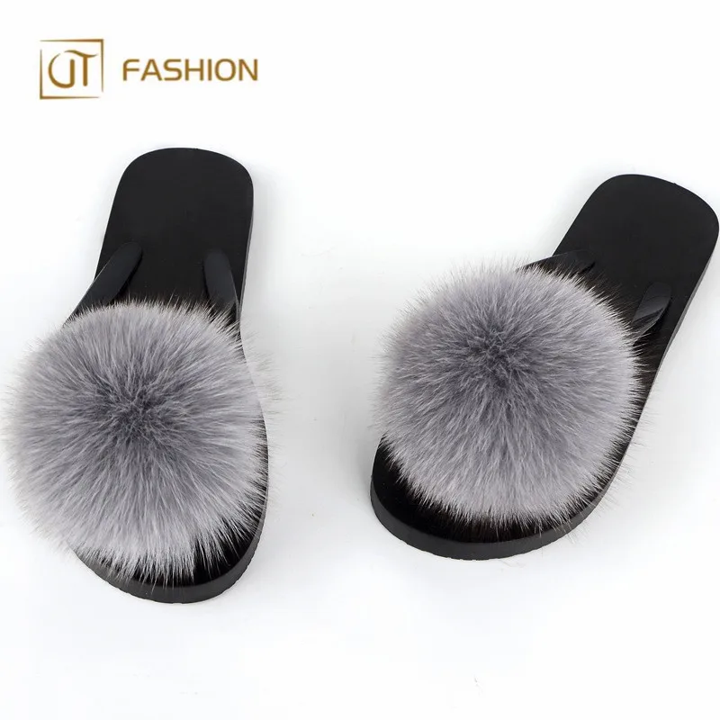 

2018 New Wholesale Jtfur Women Summer Sandals Slipper With Fox Fur Pompom Ball Fluffy Fur Flip Flops, Customized