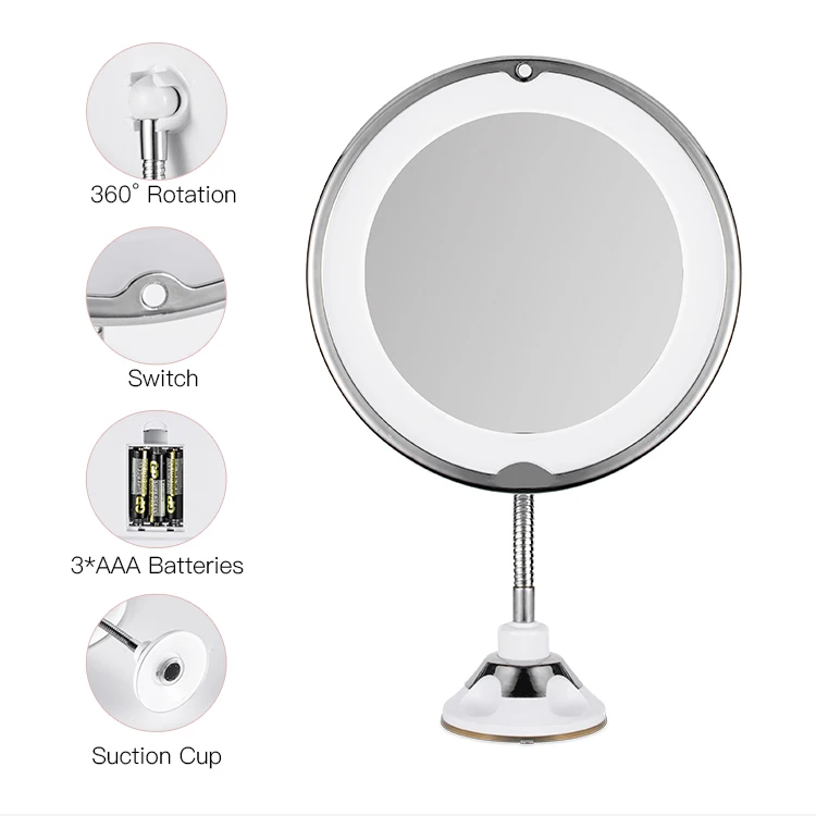 
flexible neck electric led metal 10x magnifi lighted bathroom round makeup mirror with led light 