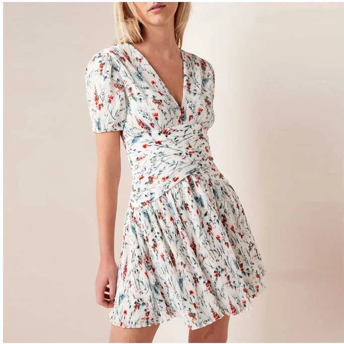 

2019 Summer pleated chiffon blue short sleeve hollow out V neck dress for mature office lady A3150