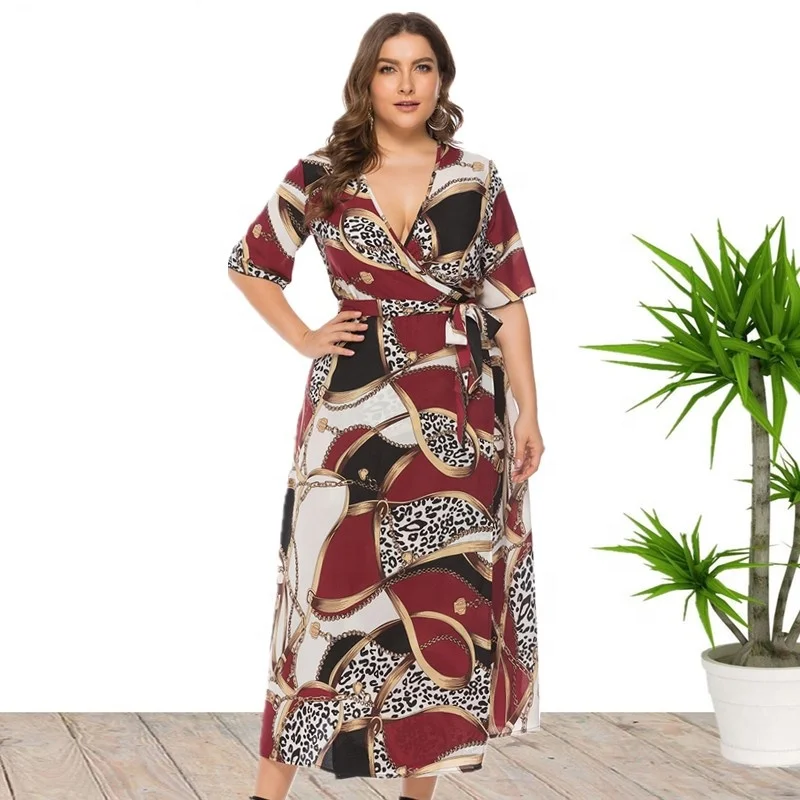 

6XL Plus Size Sexy Deep V Neck Short Sleeve Chain Print Beach Wrap Dress Wholesale China