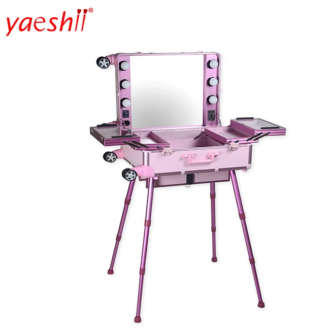 

Yaeshii professional aluminium lighted mirror rolling makeup train trolley case with adjustable stand legs, Pink
