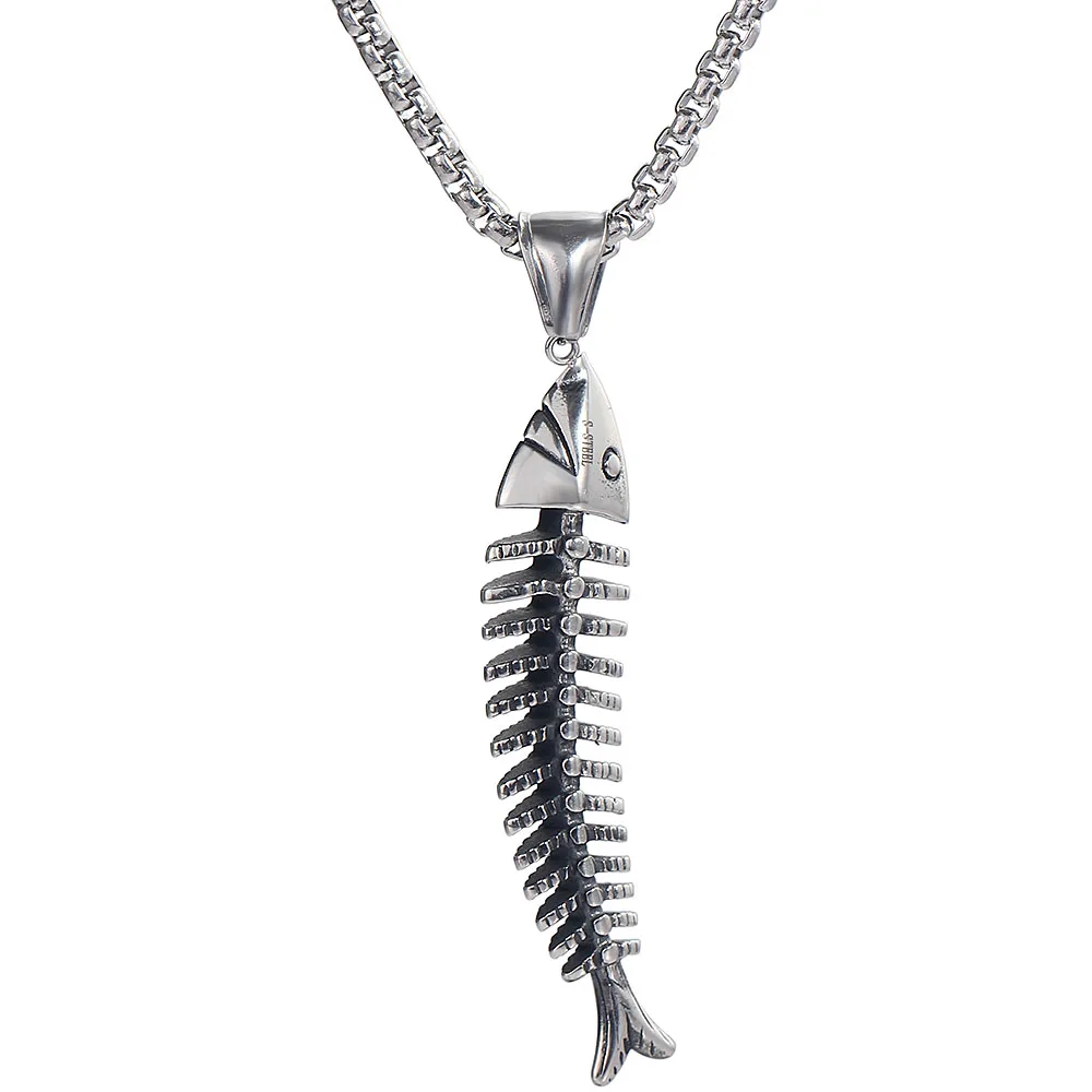 

Gothic Style Stainless Steel Fish Shape Fishbone Pendant Male Necklace