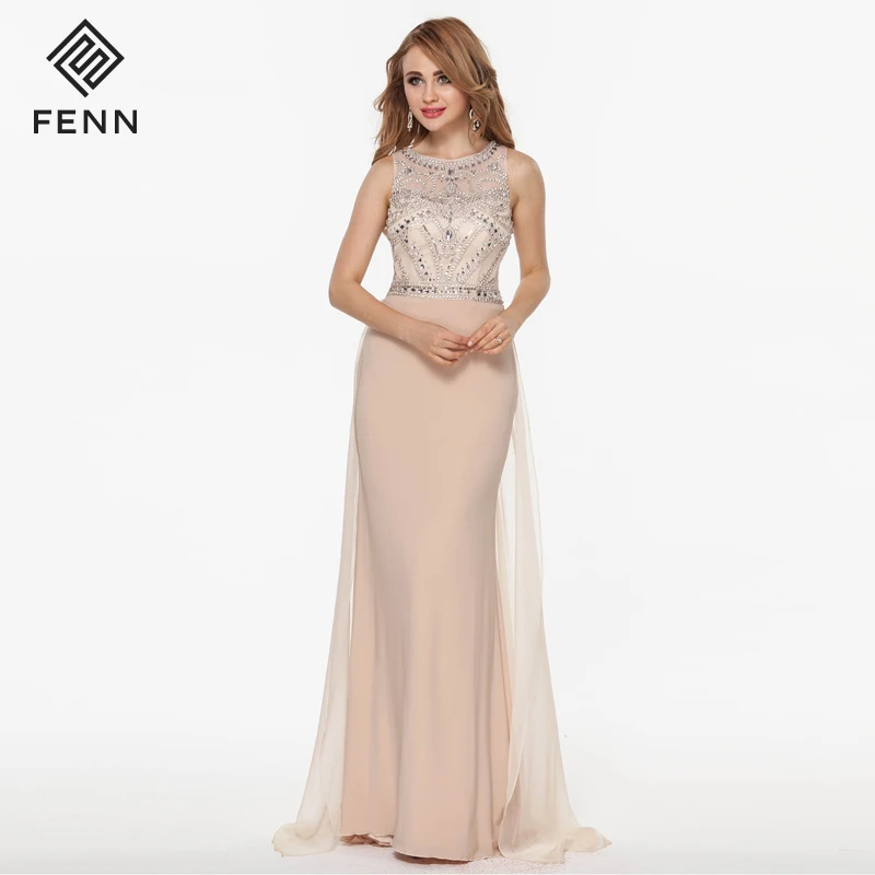 

Long Beaded Handmade Formal Party Gowns Round Neckline Chiffon Evening Dress, Custom demand