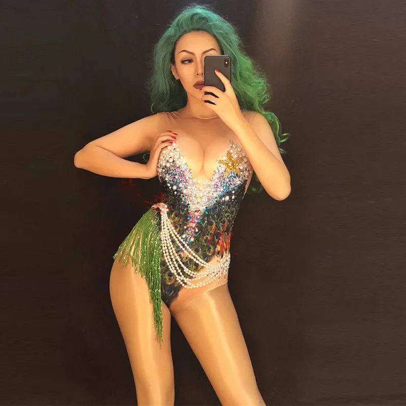 Modern Bodysuit Female Singer Dj Gogo Peacock Print Tassel