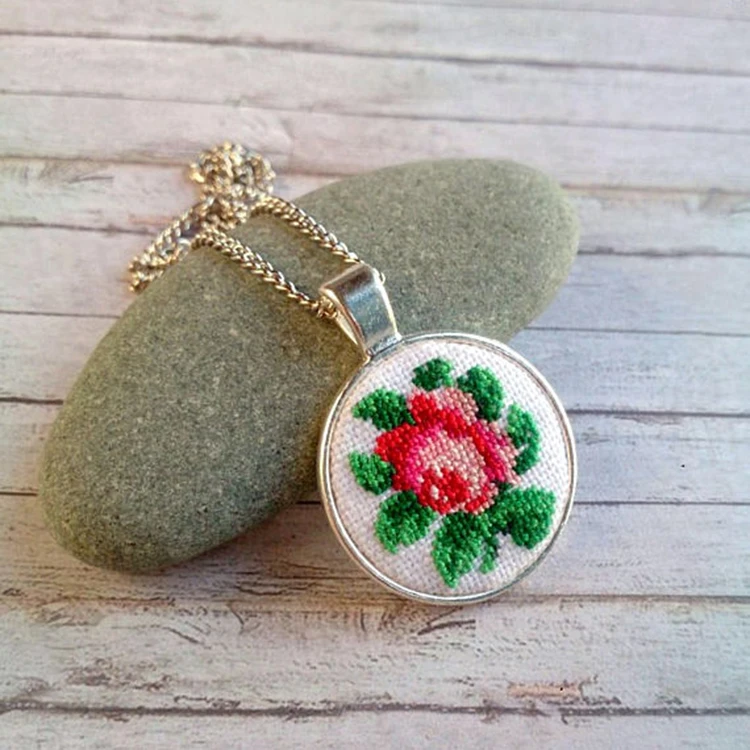 Flower Embroidery Necklace Embroidered Pendant Gift for Her 