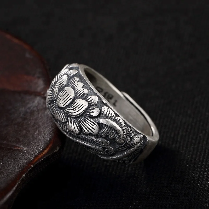 

100% S990 Sterling Silver Rings For Women Peony Flowers Design Vintage Unique Ring
