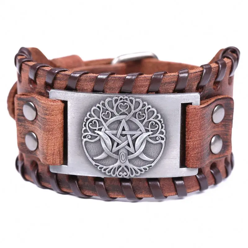 

Triple Moon Goddness Tree of Life Yggdrasil Viking Bangle Leather Bracelet