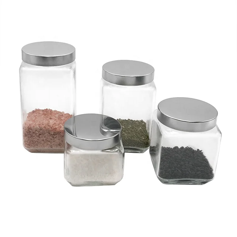 

square shape storage empty glass jar for food with metal screw, Clear.