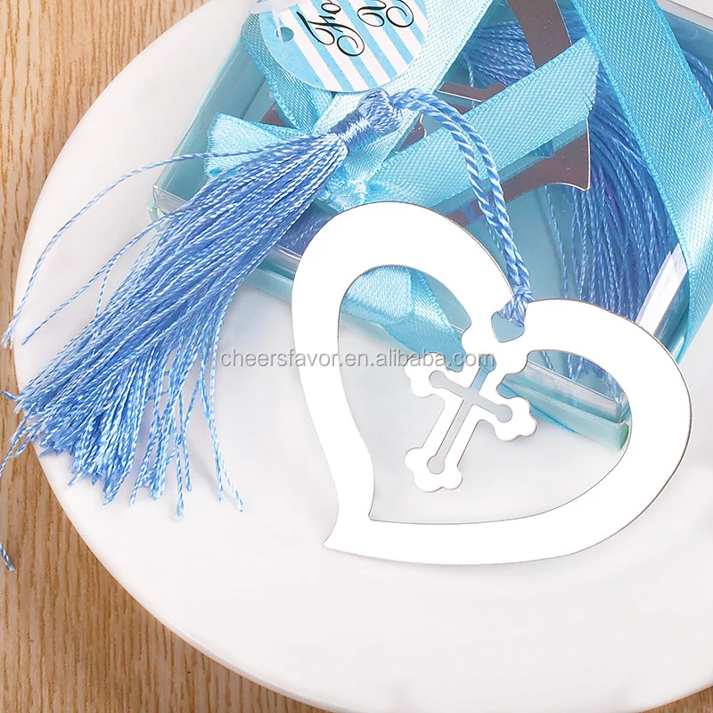 

Wedding Favors Stainless Steel Cross Heart Bookmark with Blue Tassel Baby Shower Party Supplies