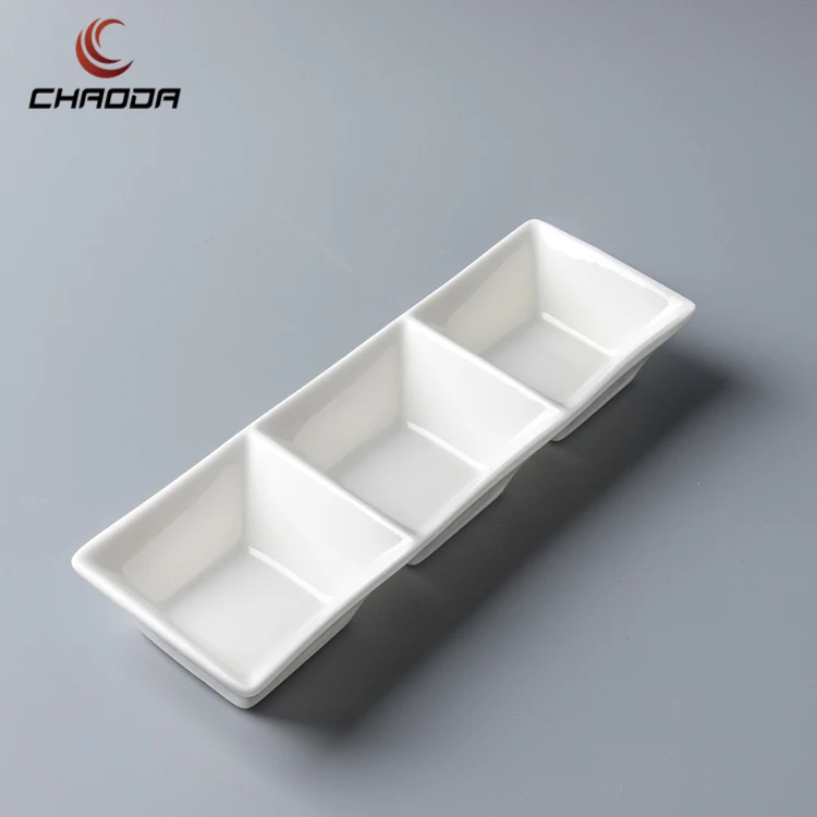 8 Inch Rectangle Sauce Plate Three Grid Sauce Saucer Divided Ceramic Divided Small White
