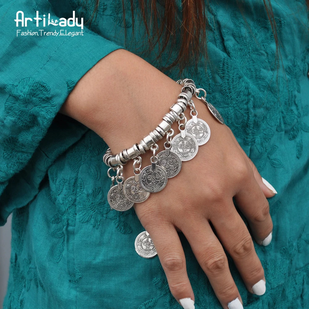 

Artilady cheap wholesale bangle manufacturer charm boho antic silver coin tassel bracelet, Antique silver