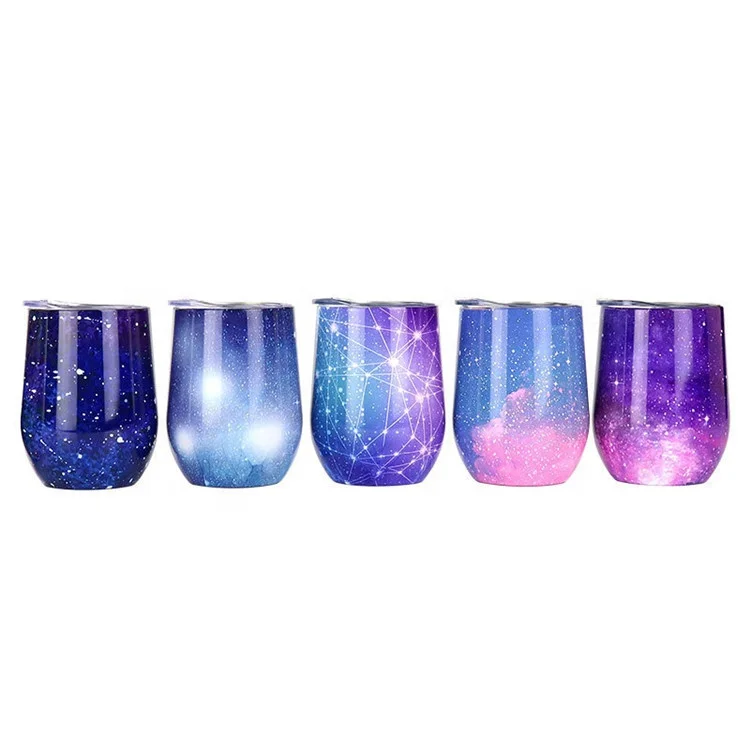 Free Sample !!! 12 Oz Double Wall Vacuum Insulated  Stainless Steel Glitter Wine Cup Tumbler With Lid