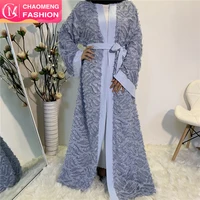 

1758#Muslim Women Kimono Coat Patchwork Long Sleeve Dusty Blue Fringe Tassel Front Open Abaya