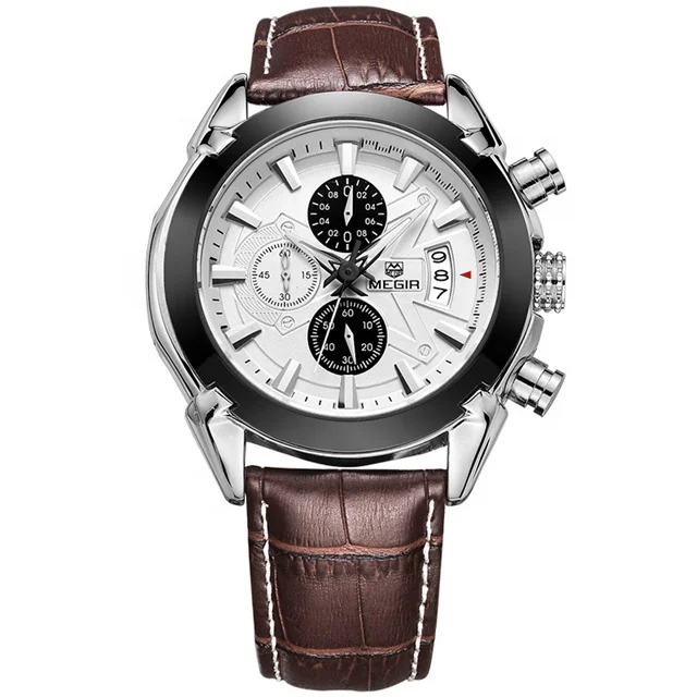 

Mens Military Chronograph Leather Sports Quartz Megir 2020 Watch, Brown;black