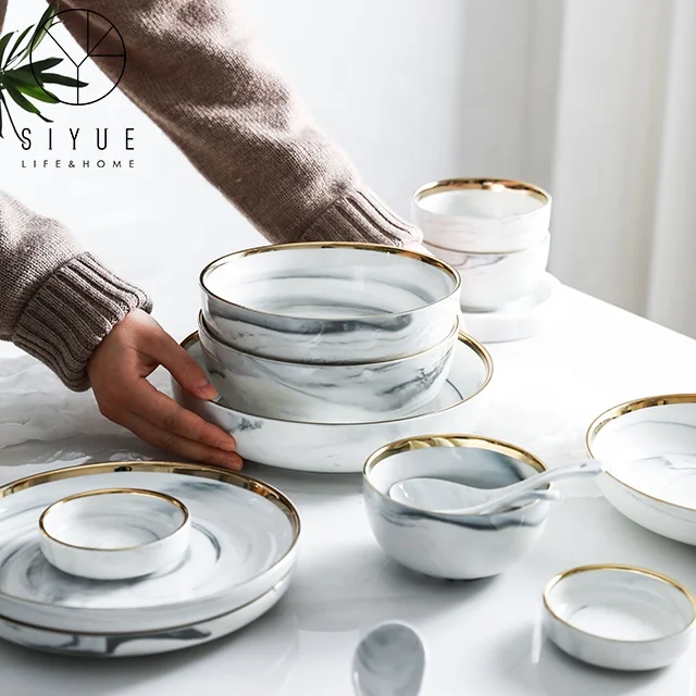 10" Tray Low Moq Kitchen Plate Gold Rim Dinnerware Set Ceramic Plate
