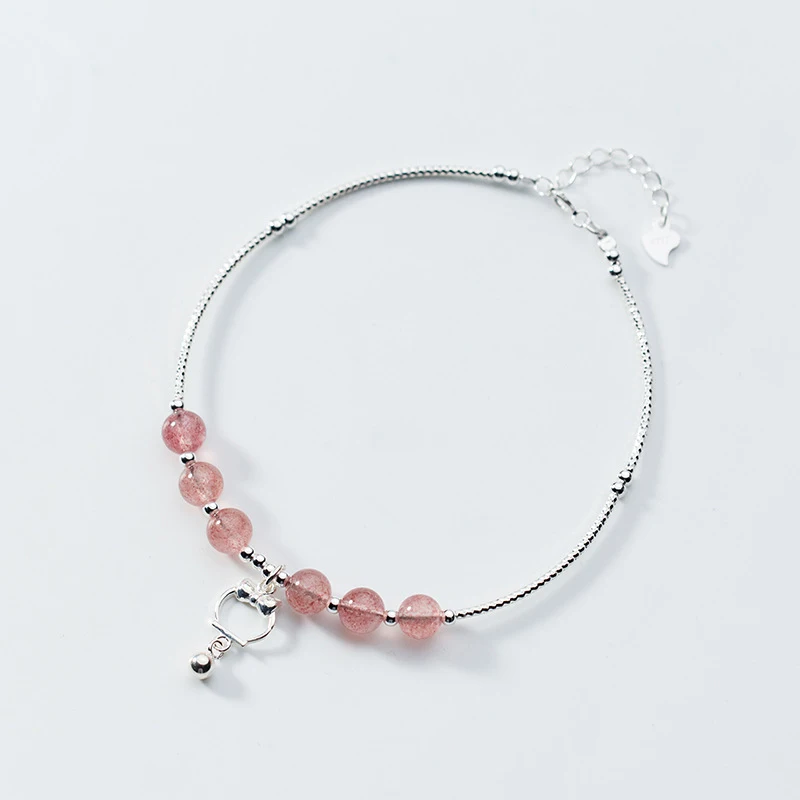 

Pink Crystal Stone Beaded Anklets 925 Sterling Silver Cat Charm Anklets