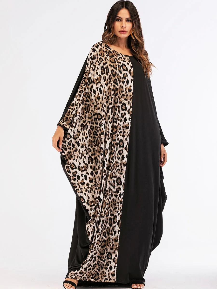 A4275 Leopard Print Black Kaftan Stretchy Knit Maxi Turkish Abaya