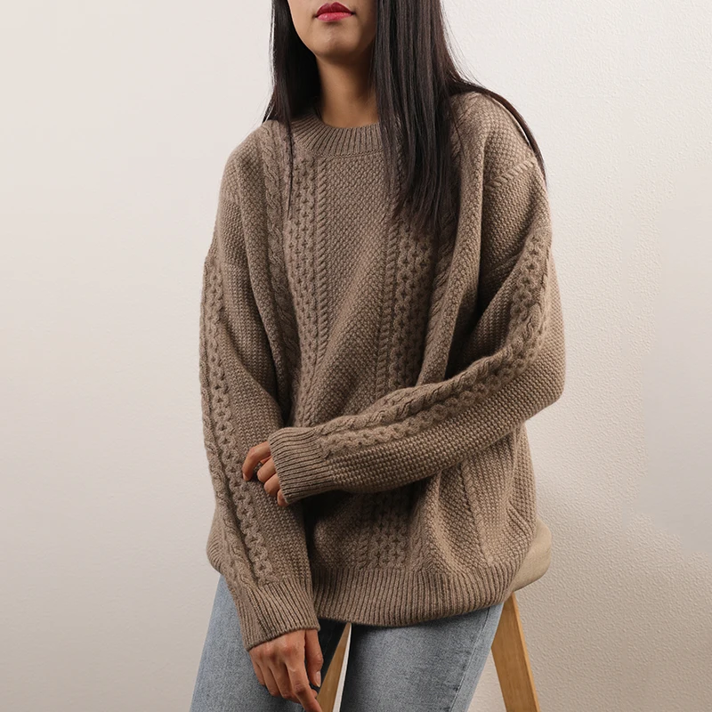 

Loose Style Cashmere Simple Solid Color O-neck Women 100% Cashmere Cardigan Sweater