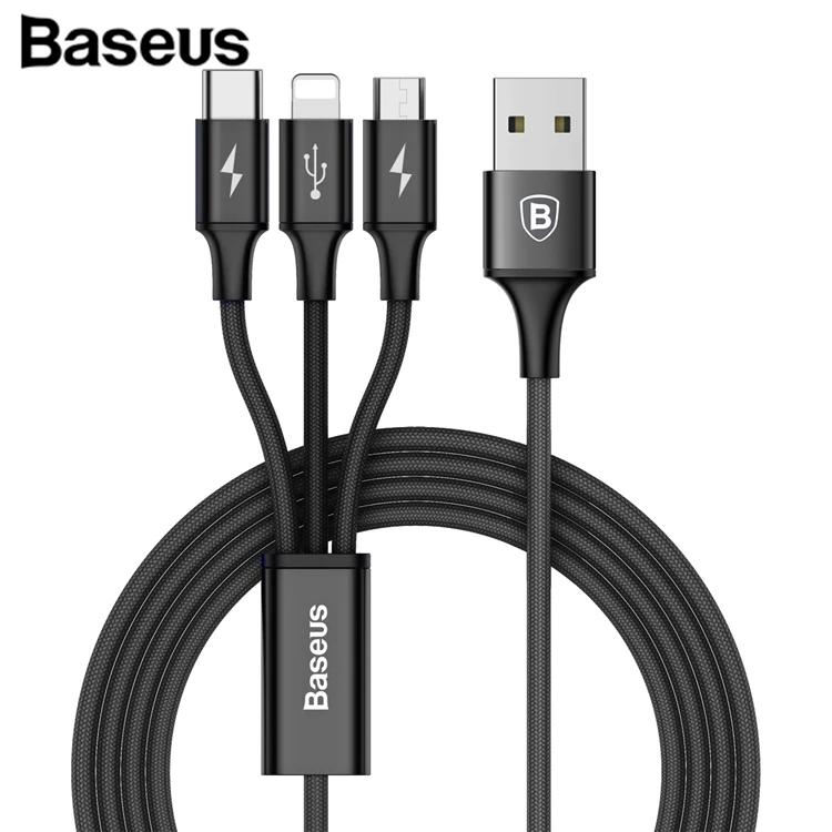 Baseus 3A Rapid Charging 3 in 1 Mobile Phone Type-C USB Cable for iPhone/Samsung