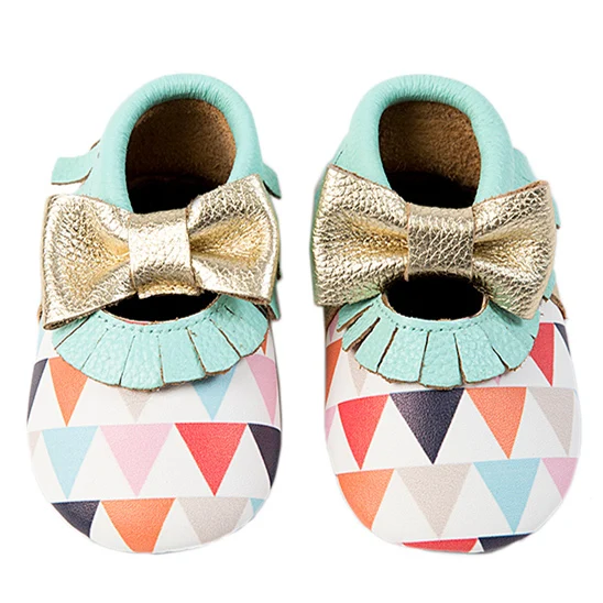 

Triangle printed 100% Genuine Leather Baby Moccasins Shoes with Bow