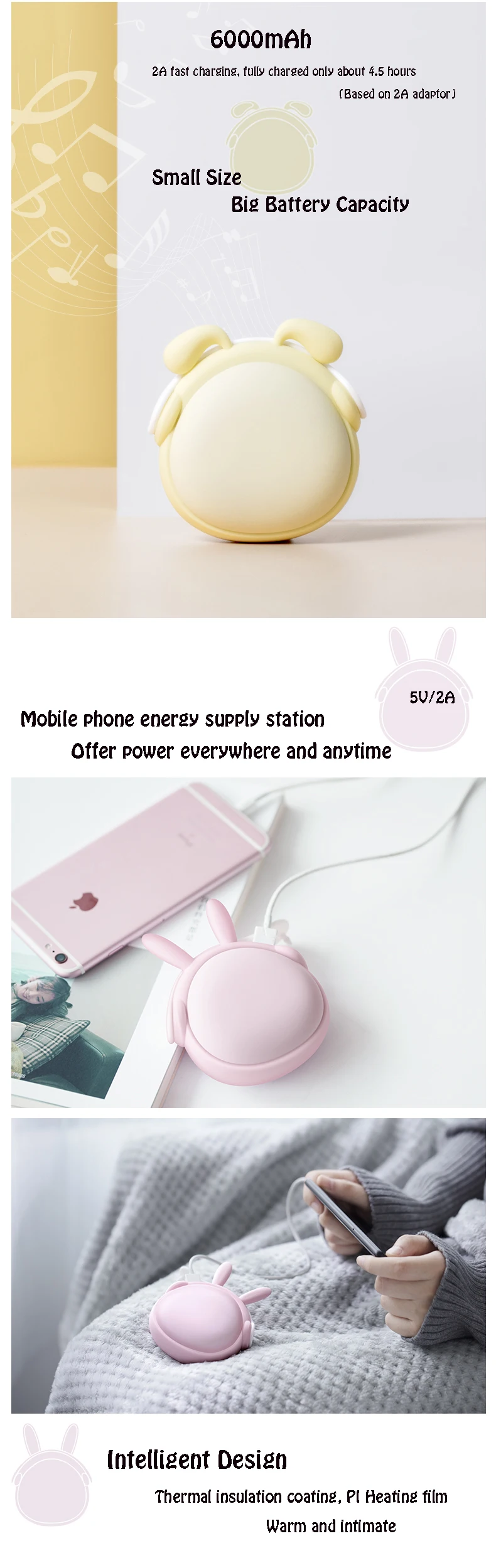 6000mah Cute Silicone Hand Warmer Mobile Power Portable Heater And