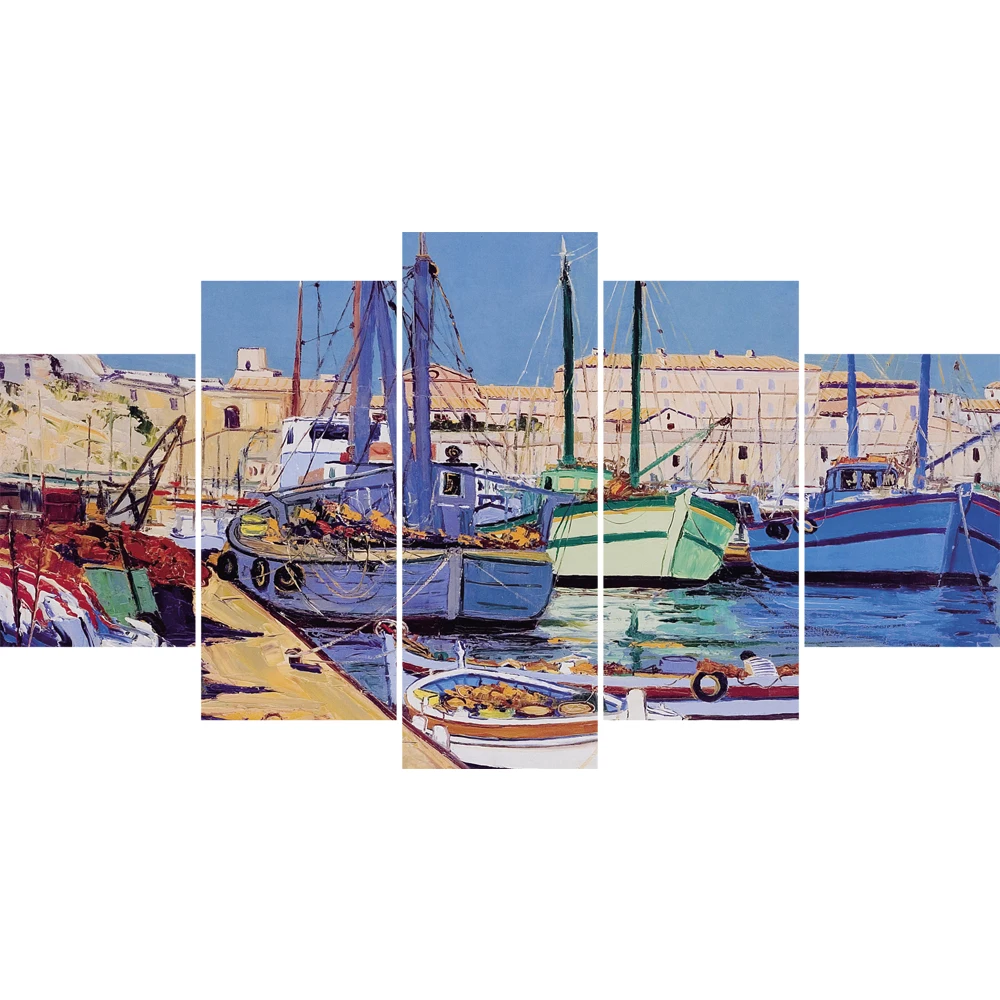 5 pieces canvas art sea and boat landscape handmade oil painting