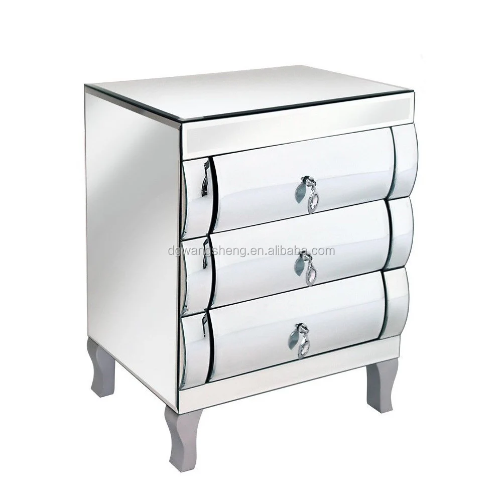 Elegant Mirrored Glass 3 Soft Close Chest Drawer Bedside Table
