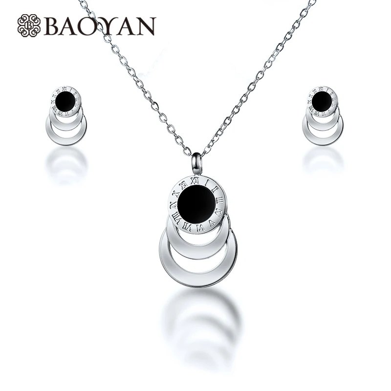 

Baoyan wholesale silver roman number black round jewellery set steel necklace set