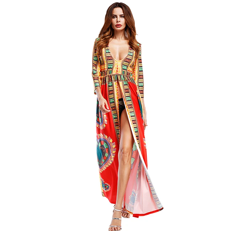 

Feelingirl New Design Bohemian Style african Pattern Digital Print Women High Split Long Sleeve Maxi Dress