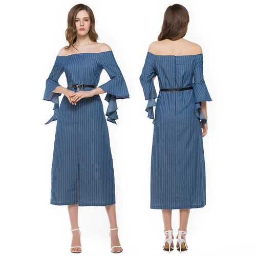 

Fast shipping 2018 Wholesale knit cotton fabric denim jean dress fashion off shoulder flare sleeve maxi strip denim dress women, Blue denim dresses women 2018