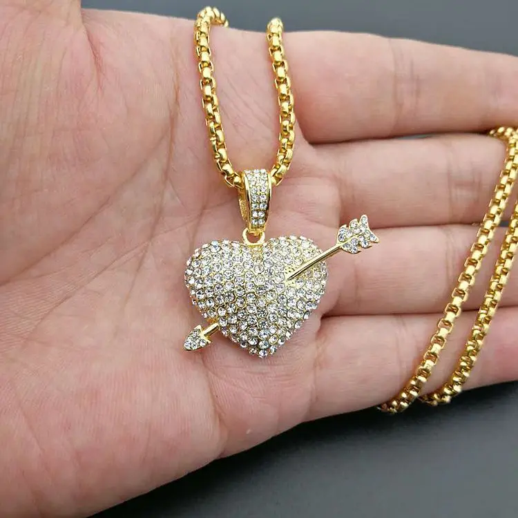 

Mens Fashion Gold Plated Heart Arrow Iced Out Necklace, Gold or silver