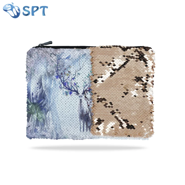 

Sublimation customized bling sequins glitter makeup cosmetic bag, White