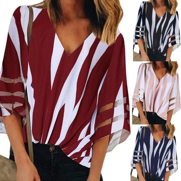 

Women Chiffon Stripe Printed Blouses V Collar Short Sleeve Shirts Flare Sleeve Loose Tops Coldker