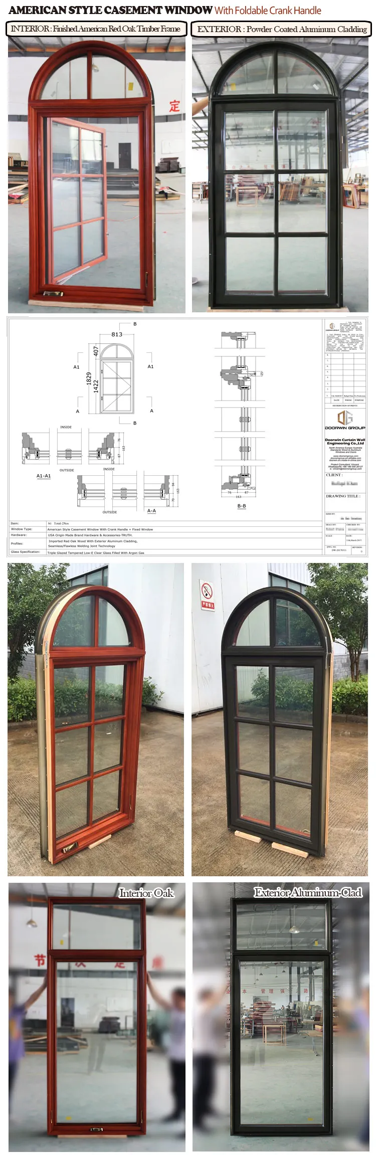 Triple glazed aluminium timber wood crank windows with factory price