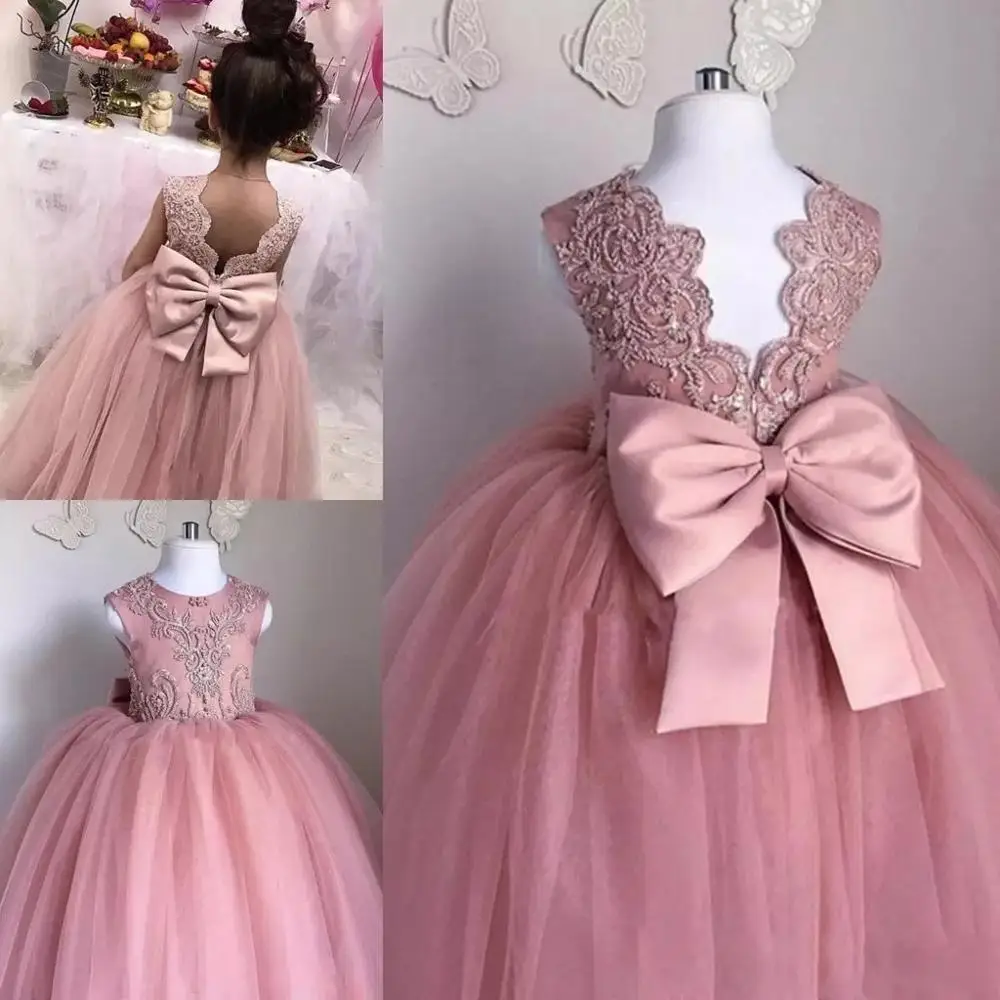 

ZH0844X 2019 Pink Flower Girls Dresses Sheer Jewel Neck Sleeveless Lace Appliques Girl Pageant Gowns Birthday Dresses With Bow
