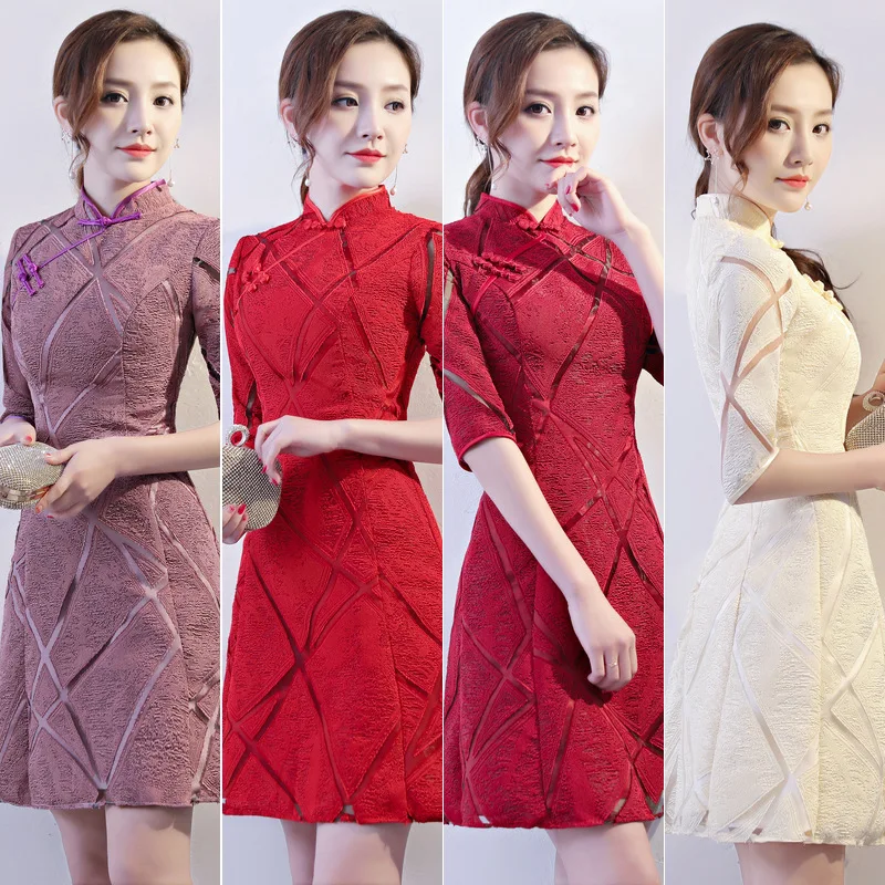 

Girls Casual Dress High neck fitting woman's dress Chinese Traditional cheongsam, Red, maroon,champagne,