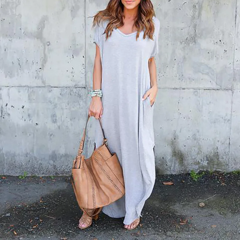 

Women's Casual Loose Pocket Long Dress Women Short Sleeve Long Dresses Women T Shirt Solid Color
