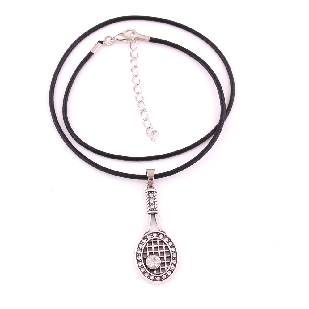 

N386 Trade Assurance Antique Silver Crystal Tennis Racket Pendant Necklace Sports Fitness Personality Jewelry, As picture